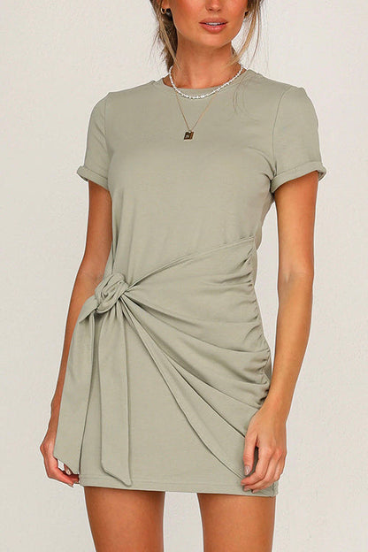 Short Sleeve Knot Waist Solid T-shirt Dress