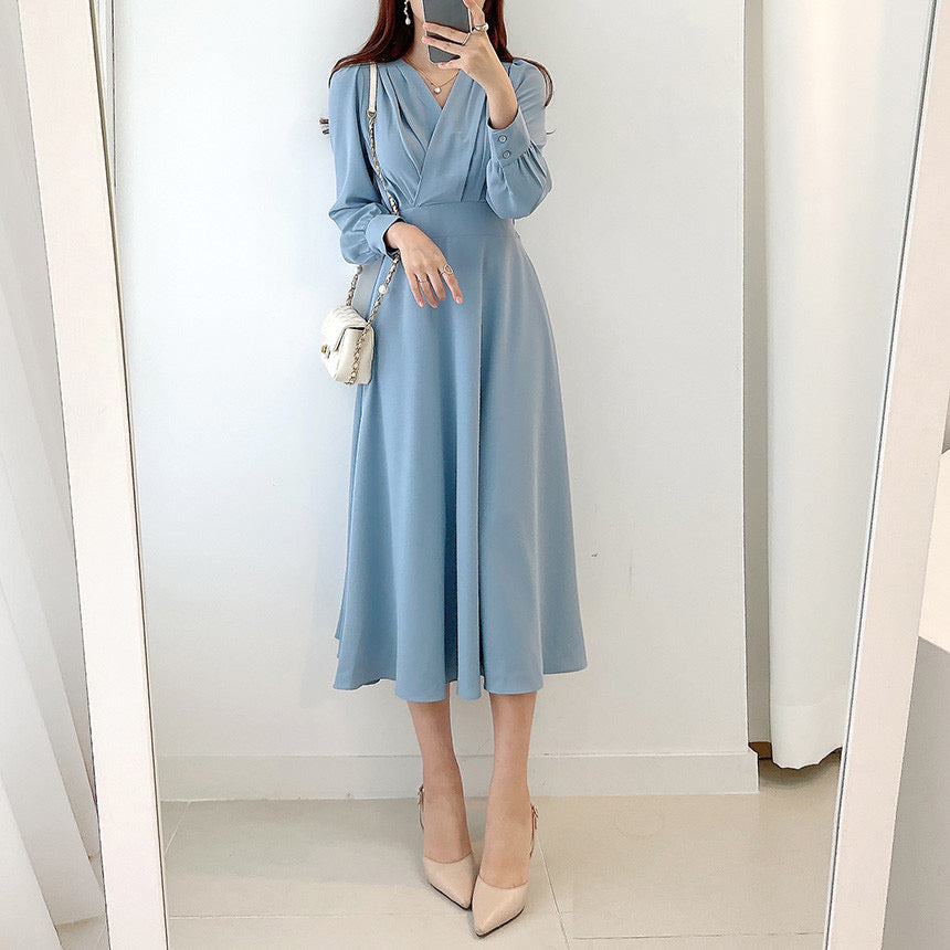 Elegant Light And Familiar V-neck Waist Puff Sleeve Dress