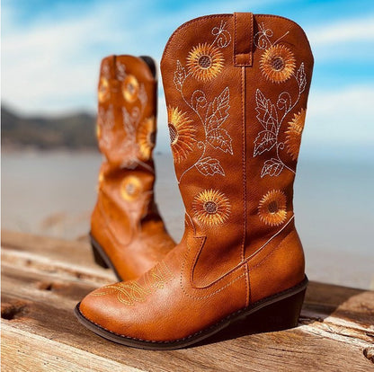 Chunky High-Heel Round-Toe Embroidered Martin Boots