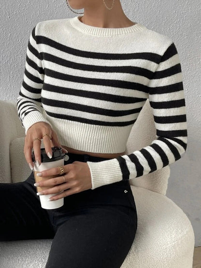 Striped Cropped Knit Sweater for Layering or Outerwear