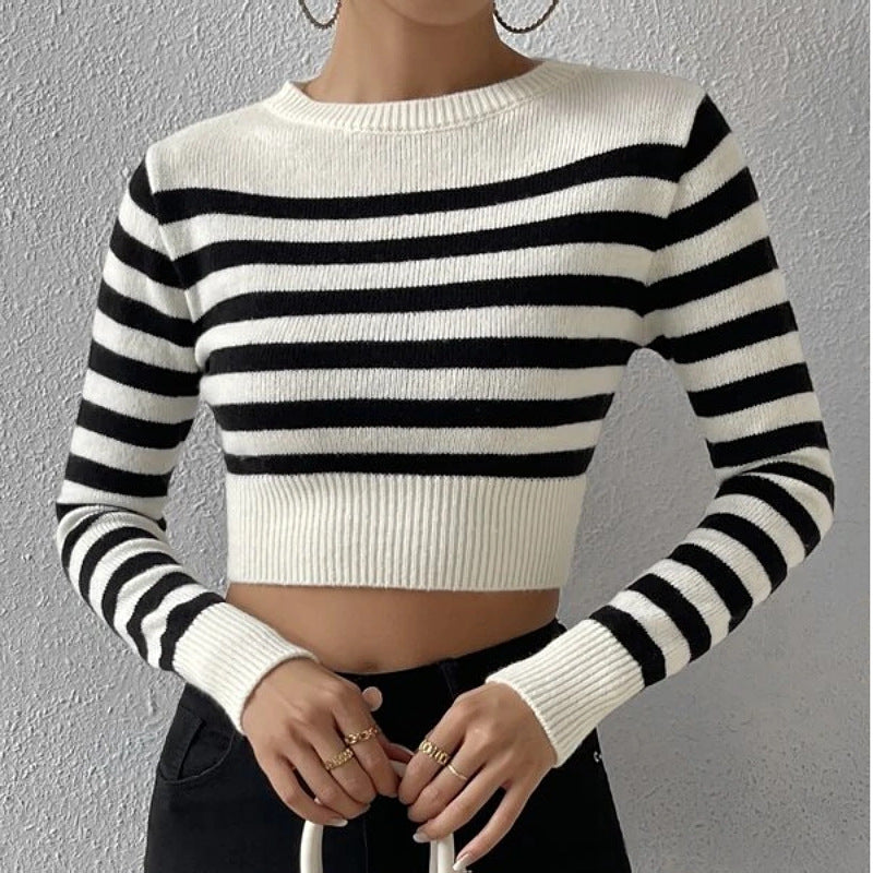 Striped Cropped Knit Sweater for Layering or Outerwear