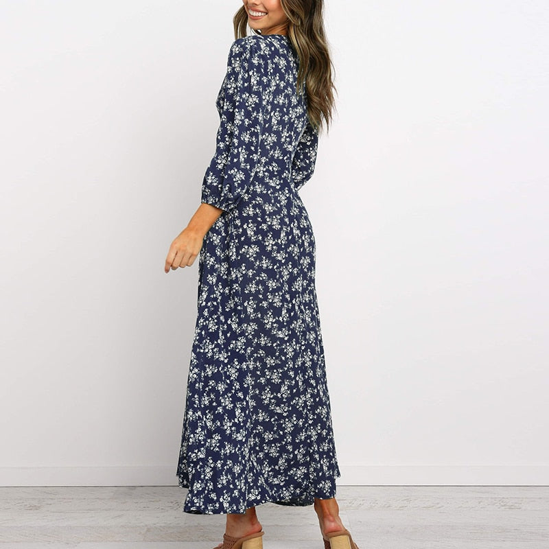 Elegant V Neck Floral Print Long Sleeve Womens Dress